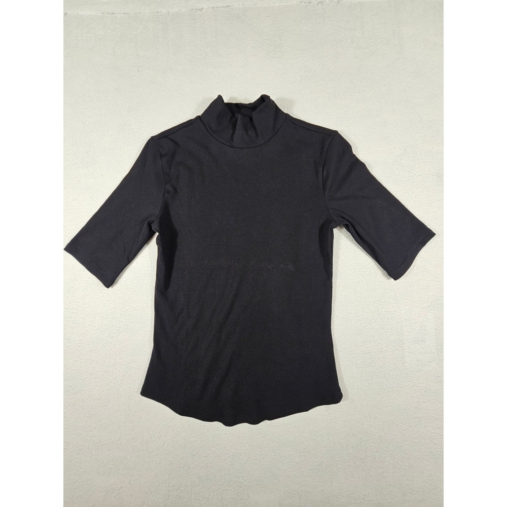 Athleta Signature Rib Elbow Sleeve Tee Black Mock Neck Top 559264 XXS NEW